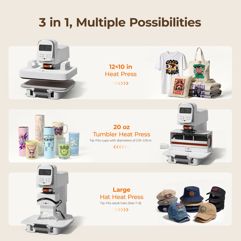 Auto Heat Press Machine 12x10 Inch 3-in-1 Sublimation Press for T-Shirts Mugs Hats