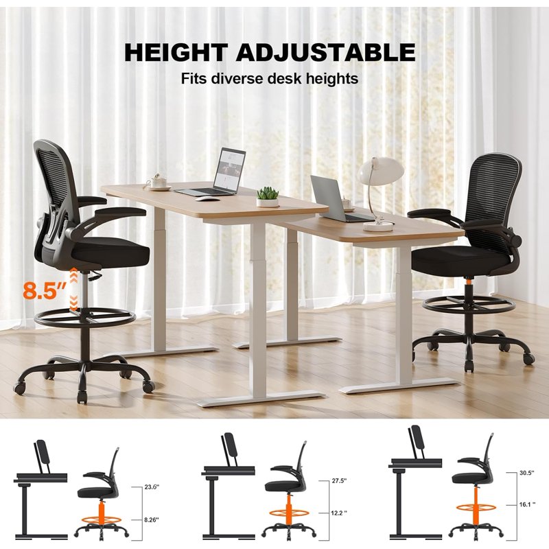 Ergonomic Tall Office Drafting Chair with Flip-Up Armrests & Lumbar Support