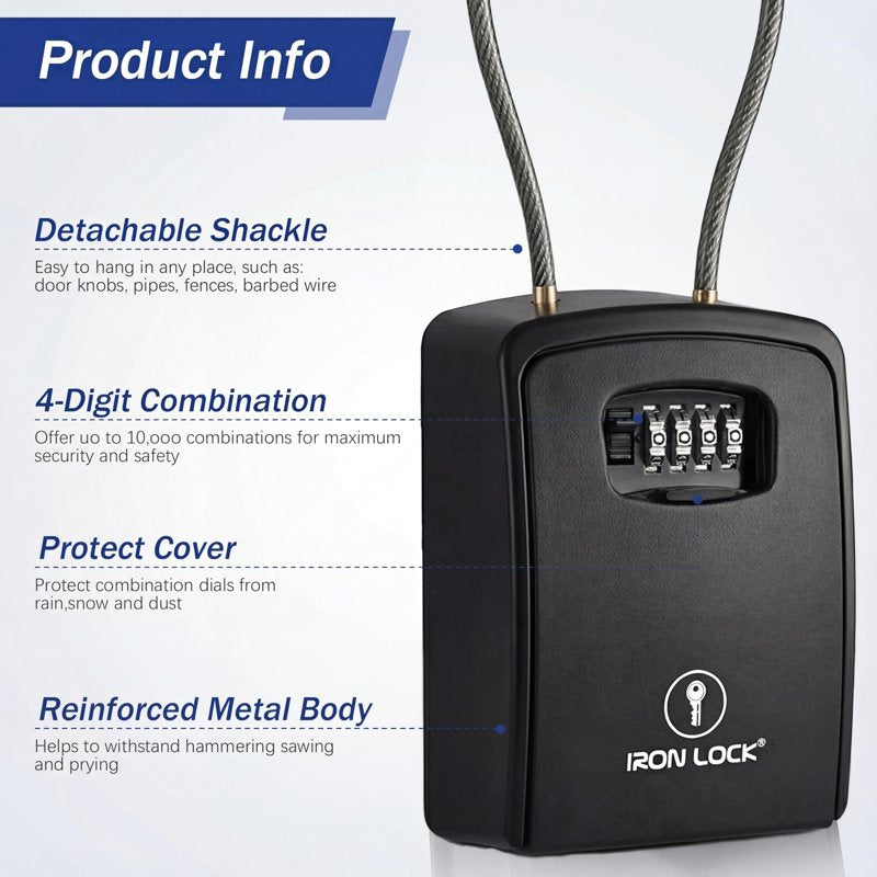 Extra Large Portable Key Lock Box with Cable Shackle - Waterproof Metal Security Storage