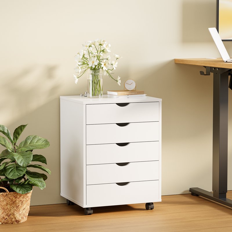 Wooden Tall Drawer Storage Chest with Wheels for Bedroom Office Home