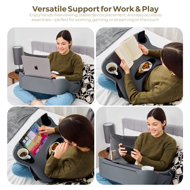 Gray 27-Inch Oversized Lap Desk Pillow with Cup Holder & Storage