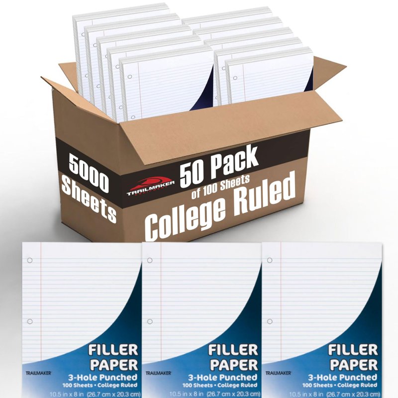 Bulk College Ruled Loose Leaf Paper - 8x10.5 Inch, 3-Hole Punch, 50 Pack, 5000 Sheets