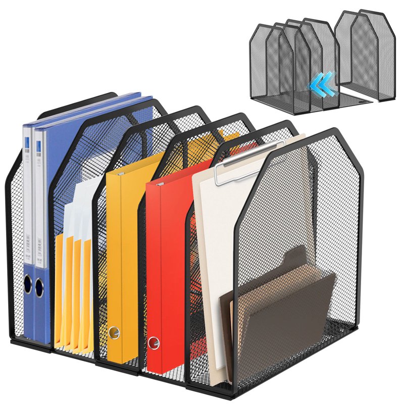 Adjustable Metal Mesh Desktop File Organizer with 5 Compartments - Office & Classroom Storage