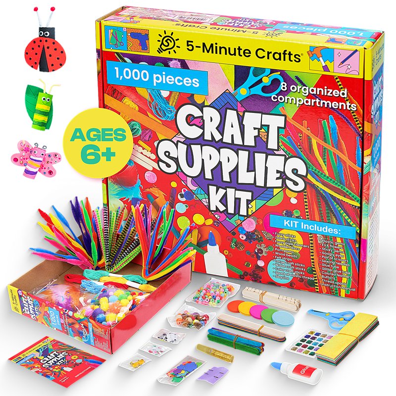 Kids Arts and Crafts Supplies Kit with Fuzzy Sticks Sequins and More - 1000 Pieces