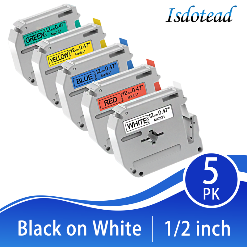 5 Pack Compatible 12mm Label Tape for Brother P Touch M-K231 M-K431 M-K531 M-K631 M-K731