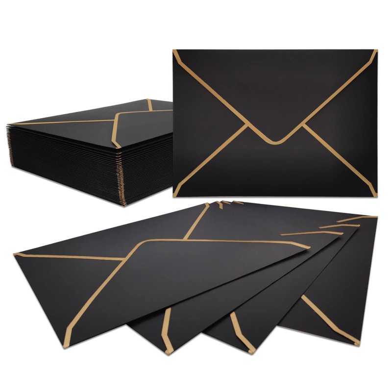50 Pack A7 Invitation Envelopes Black V-Flap Gold Border 5x7 Inch for Weddings and Events