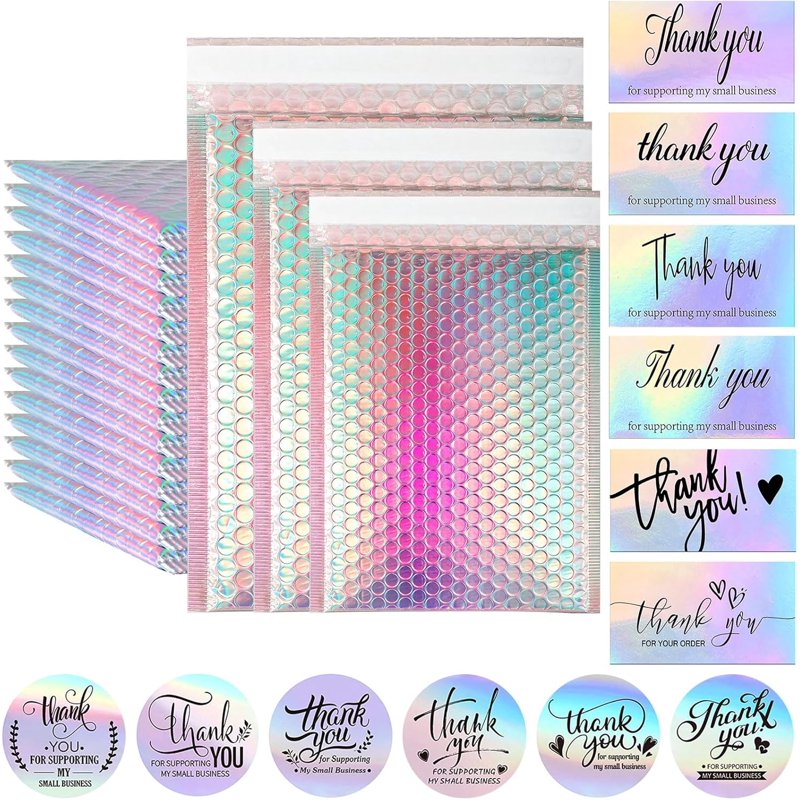 Metallic Bubble Mailers 50 Pcs with Thank You Cards & Stickers - Holographic Self-Sealing Envelopes for Small Business Shipping