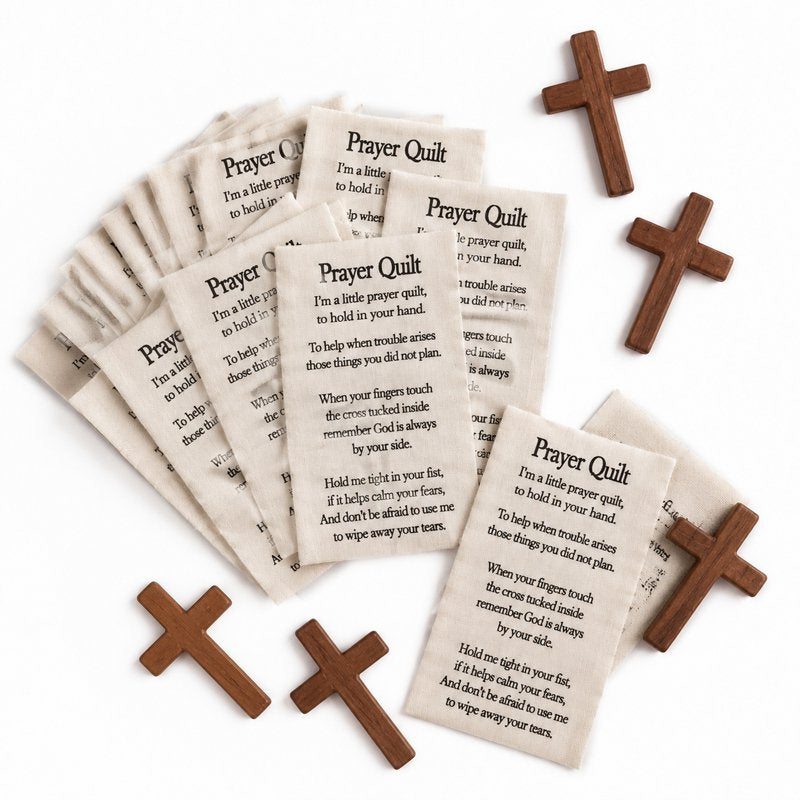 Christian Prayer Quilt Squares with Faux Wood Cross - 50 Sets for Sewing & Spiritual Gifts