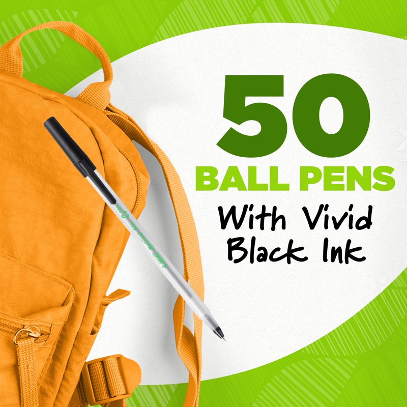 50 Pack Recycled Plastic Ballpoint Pens with Medium 1.0mm Tip - Black Ink