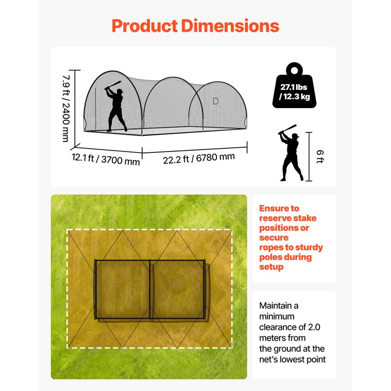 Portable Baseball Batting Cage 22.2x12.1x7.9 ft Polyester Fiberglass Training Aid