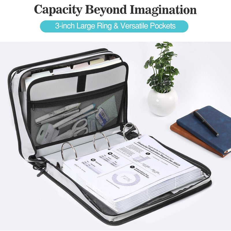Zipper Binder Organizer with Shoulder Strap, 3-Ring Capacity, Water-Resistant Nylon, Holds Up to 600 Sheets, Multiple Colors