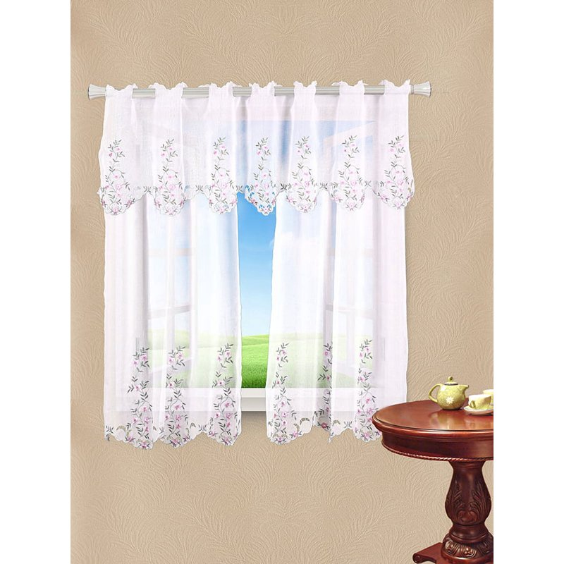 Sheer White Kitchen Curtain Set with Embroidered Flower Design – Multiple Sizes