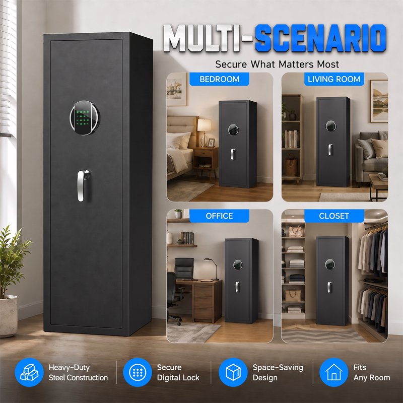 Gun Safe with Combination or Fingerprint Lock, Fireproof Steel Rifle Cabinet with Adjustable Shelves