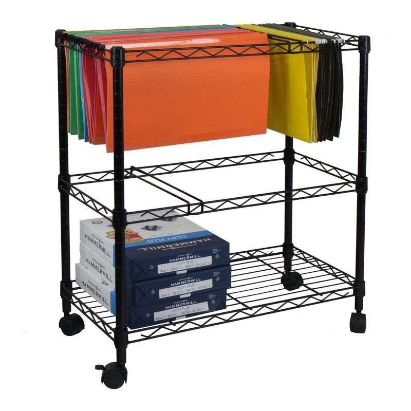 Portable 2-Tier Metal Rolling File Cart - Black Office Storage Organizer