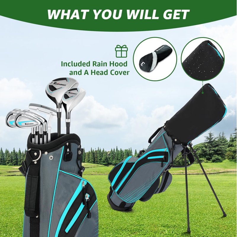 XDriveMax Left-Handed 8-Piece Women’s Golf Club Set with Stand Bag & Rain Hood - Includes Woods, Hybrids, Irons & Putter - Light Blue