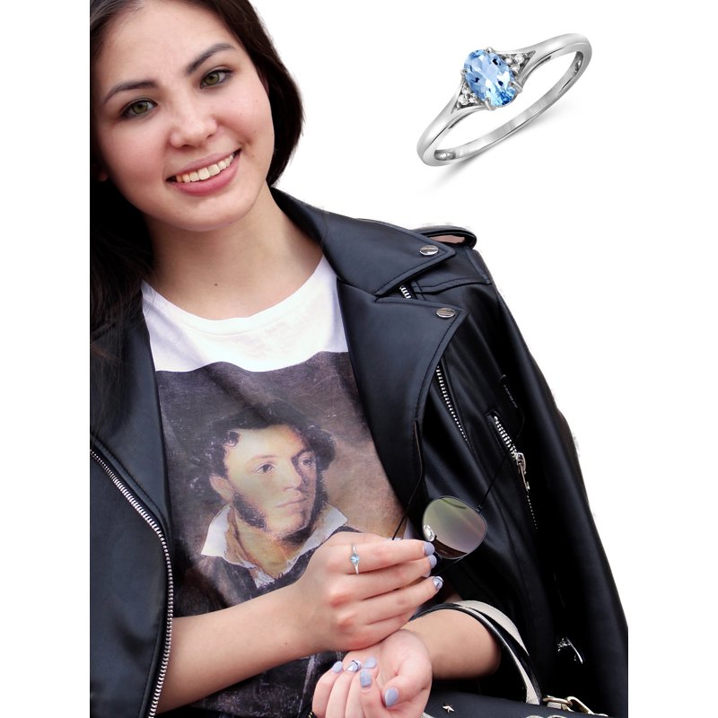 Sterling Silver Sky Blue Topaz Ring with White Diamond Accents - Birthstone Jewelry