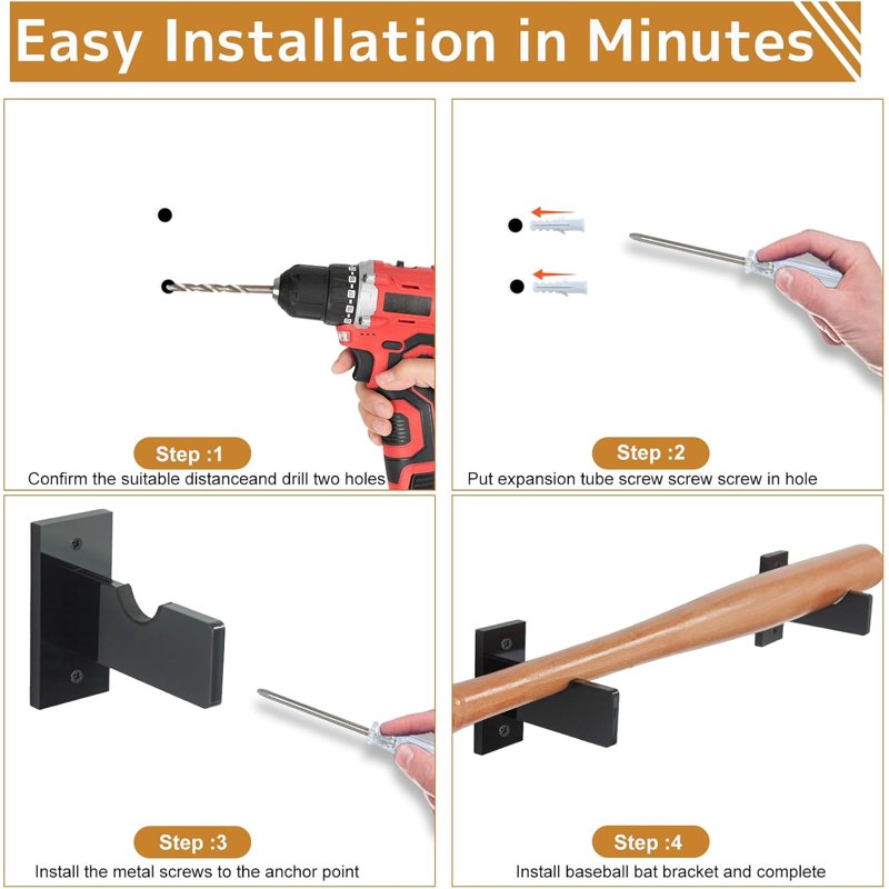 Damage-Free Baseball Bat Wall Mount Set - Secure Display Rack for Signed Bats