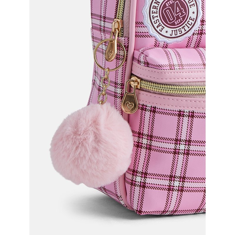 Girls Mini Backpack with Plaid Pattern and Adjustable Straps - Pink, Purple, Silver Options