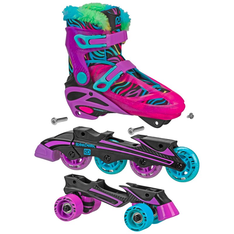 Youth 2-in-1 Quad and Inline Roller Skates Combo - Neon Zebra, Sizes 3-6
