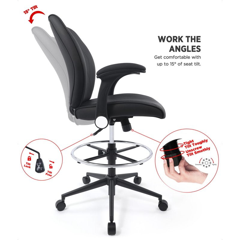 Ergonomic Drafting Chair with Flip-Up Arms and Foot Ring - Black