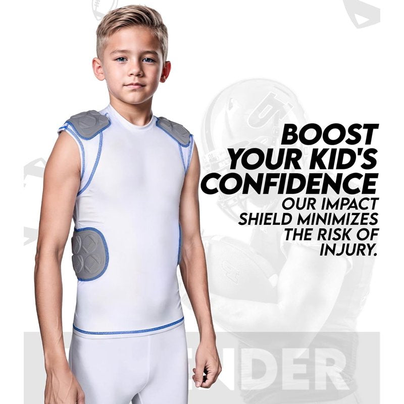 Youth Padded Football Shirt with Shoulder & Spine Protection - Compression Jersey