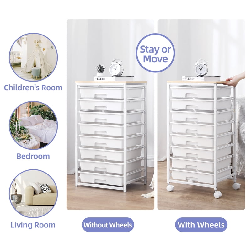 Rolling Drawer Storage Cart with 8 Removable Drawers and Wooden Top
