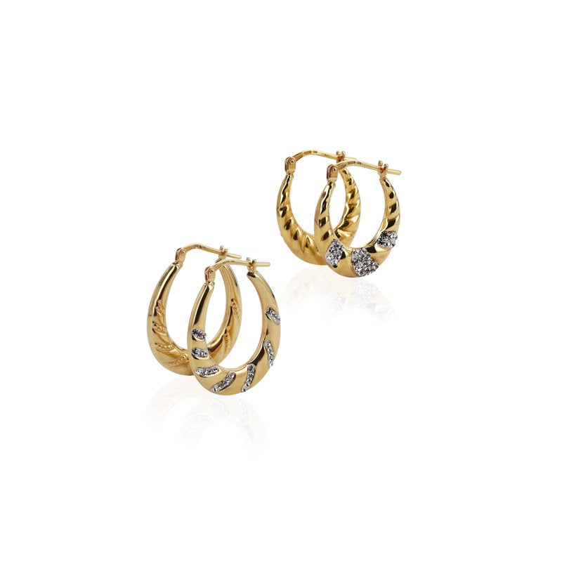 Gold Plated Sterling Silver Hoop Earrings Set with Austrian Crystals - 2 Pairs