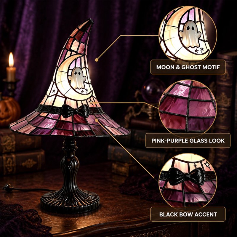 Stained Glass Witch Hat Lamp - Halloween Gothic Table Decor Night Light 11 Inch