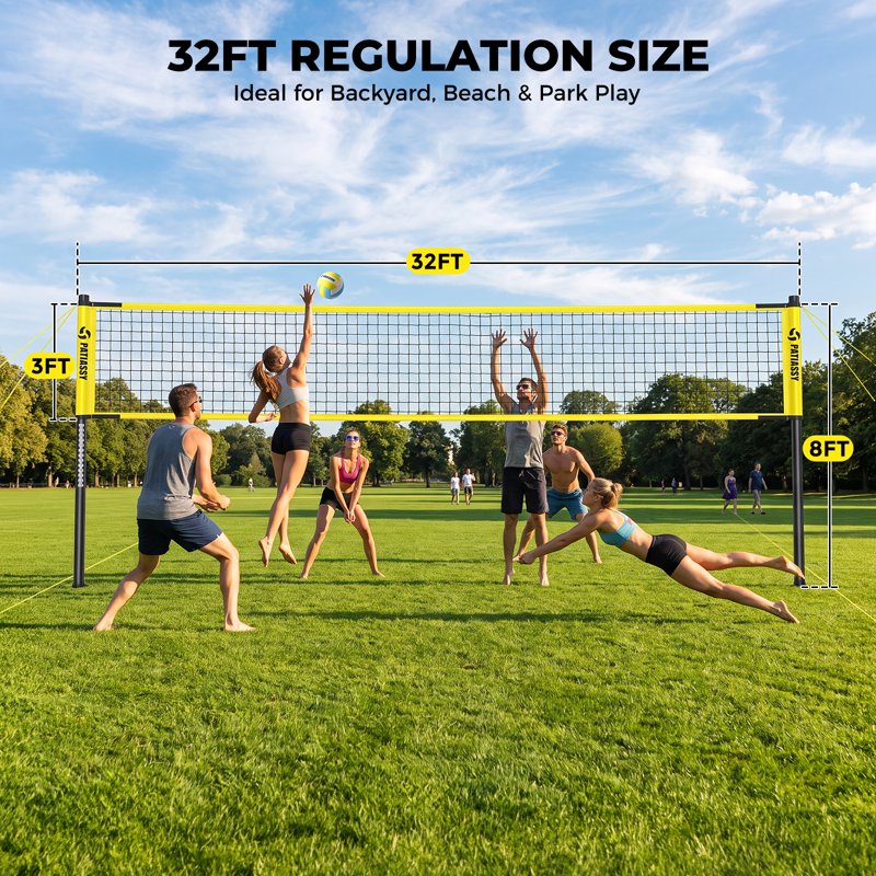 Outdoor Volleyball Net Set 32FT with Adjustable Height Steel Poles Carry Bag
