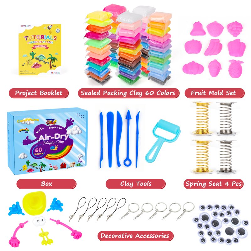 Kids Air Dry Modeling Clay Set - 60 Colors, Soft & Lightweight Craft Kit for Children