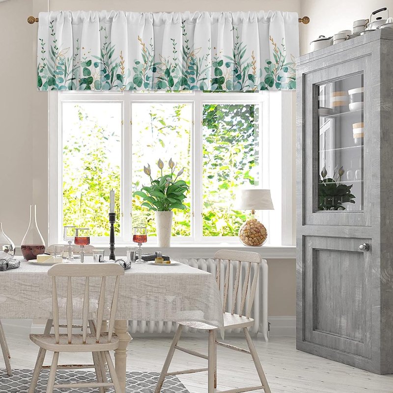 2 Pack Window Valances with Eucalyptus Leaf Pattern - Adjustable Cotton Curtains for Living Room & Kitchen, 18x52 Inch