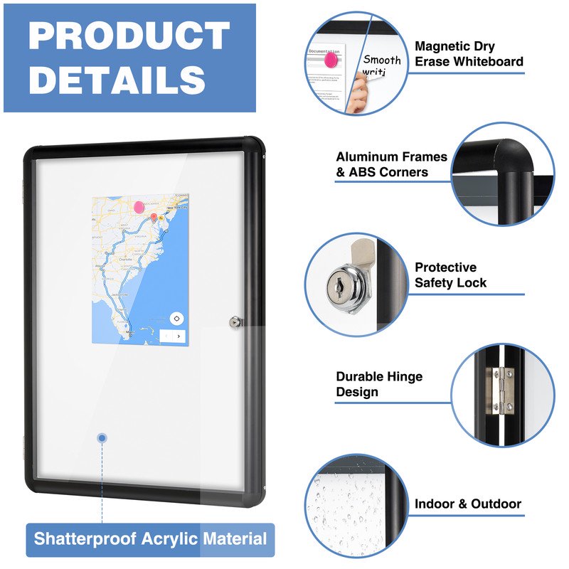 Lockable Magnetic Whiteboard Cabinet for Wall 26x20/36x24 - Tamperproof Dry Erase Noticeboard with Magnets