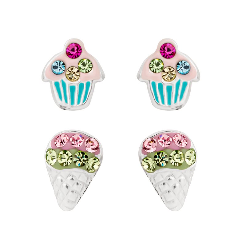 Kids Sterling Silver Crystal Cupcake & Snow-Cone Stud Earrings Set - Hypoallergenic Jewelry for Girls