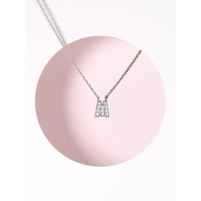 Women's Initial Letter CZ Necklace in Sterling Silver - 18 Inch Pendant