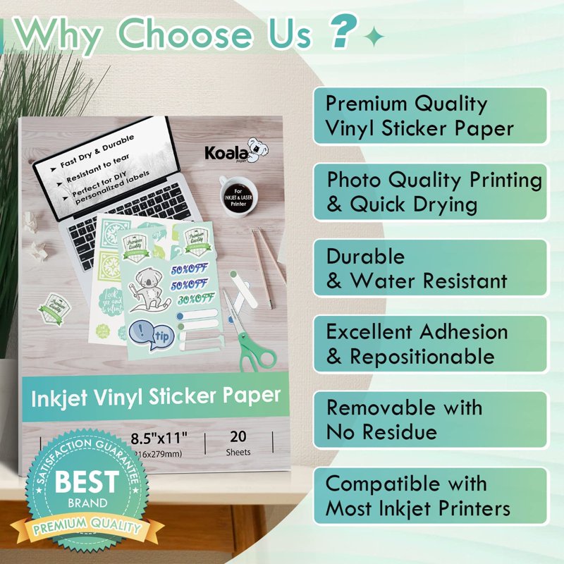 Printable Vinyl Sticker Paper for Inkjet 100 Sheets Waterproof Matte White 8.5x11
