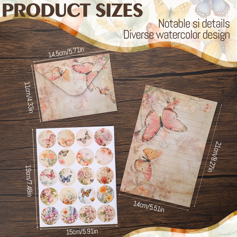 Watercolor Stationery Set with Envelopes and Seal - Floral & Butterfly Themes, 92 Pieces