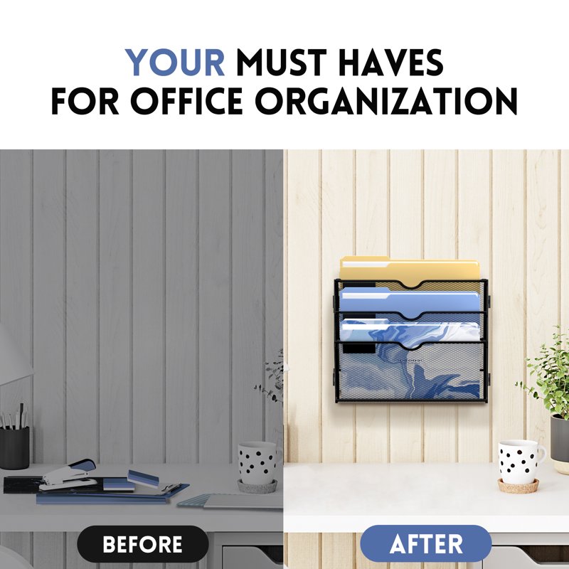 3 Tier Wall File Organizer - Metal Hanging Document Holder for Office & Home