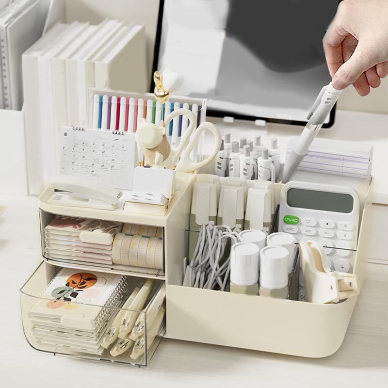 Desk Organizer with 2 Drawers, Multi-Functional Desktop Storage for Office & Home