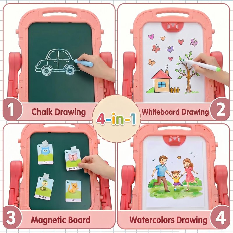 Kids Art Easel with Adjustable Height & 360° Rotation - Double Sided Drawing Board with Accessories, Pink