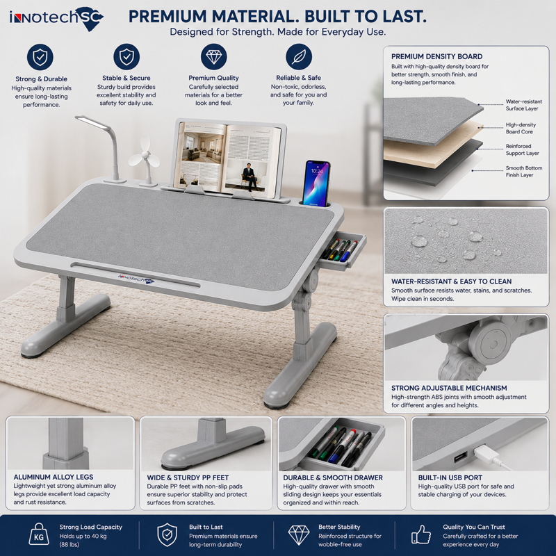 Foldable Laptop Bed Desk with LED Light, Fan, USB Charging, Drawer, 4-Height Adjustment - Gray