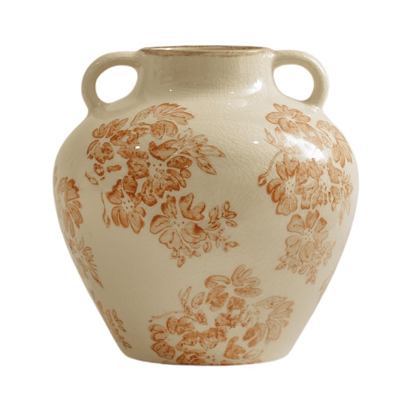 Vintage Floral Ceramic Tabletop Vase with Dual Handles - White & Yellow, 6.5 Inches