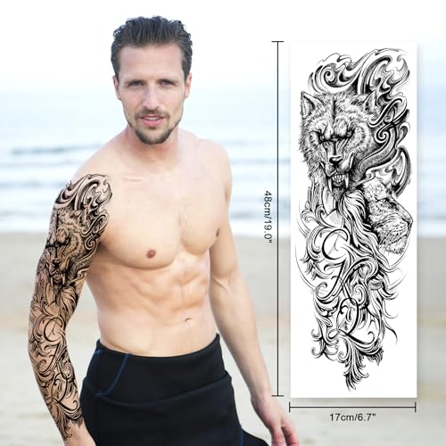 Full Arm Black Temporary Tattoo Sleeve for Men 8 Sheets, Scary Fake Tattoos That Look Real, Tigers for BBQ Pool Beach Party