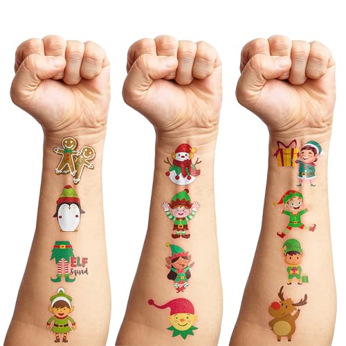 96PCS Elf Chritsmas Temporary Tattoos Winter Themed Birthday Party Decorations Supplies Favors Merry Xmas Snowflake Snowman Tattoo Stickers Gifts For Boys Girls Kids School Prizes Carnival Holiday