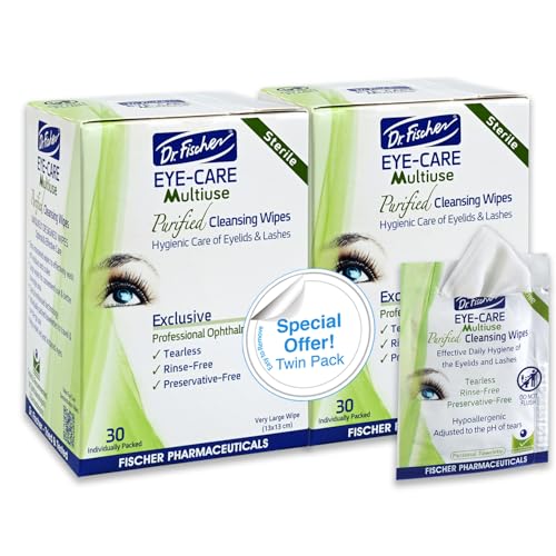 Dr. Fischer Eyelid Wipes - Purified, Non-Irritating, Pre-moistened Eye Wipes for Cleansing Sensitive Skin. Hypoallergenic Make-up Remover (Pack of 2)