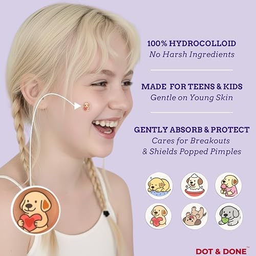 DOT & DONE Hydrocolloid Pimple Patches for Face, 48 Count 12 mm Round Acne Spot Dots with 6 Cute Dog Designs, Cute Pimple Patches for Teens & Adults, Day & Night Use, Buddy Dot Series