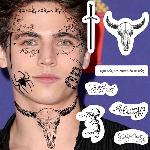 5 Sheets Large Malone Tattoos For Men Women Adults, Halloween Malone Face Tattoos Sticker Prisoner Prison Set, Barbed Wire Rapper Temporary Tattoo Sticker Inmate Party Accessories Makeup Kit