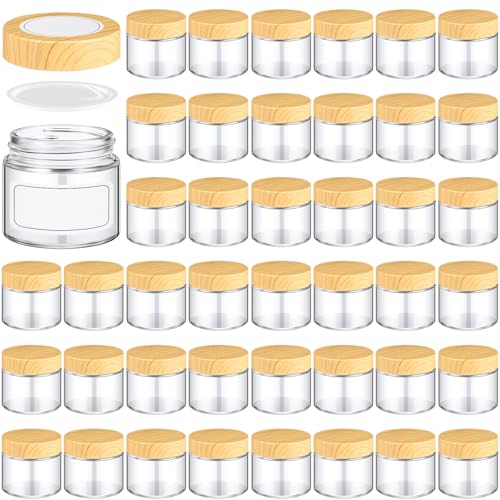 Layhit 12 Pcs 2oz/ 60ml Glass Jars with Lids Clear Small Jars with Plastic Woodgrain Lids, White Labels and Inner Liners Empty Round Cosmetic Containers for Creams Lotions Candle Making (Clear)