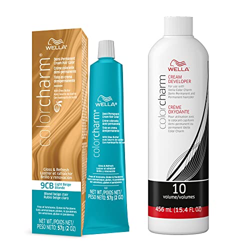 WELLA colorcharm Demi Permanent Hair Color, Adds Gloss & Color Richness, Gray Coverage, 9CB Light Beige Blonde + 10 Vol. Developer