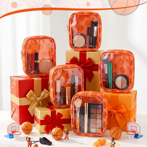 10 Pcs Basketball Clear Makeup Bag Basketball Sport Cosmetic Snack Goodie Bag with Zipper Handle PVC Pouch Waterproof Travel Toiletry Handbag Accessories for Woman Friends Birthday Team Gift