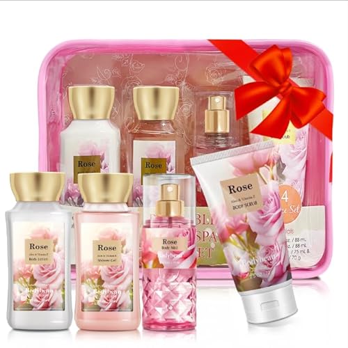 Bath and Body Gift Set for Women & Girls, Rose 4PCS Set for - Shower Gel, Body Lotion, Body Mist, Exfoliating Scrub, Personal Portable Body Care Travel Set